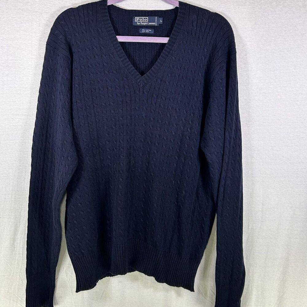 Polo Ralph Lauren Navy Cable Knit Sweater V Neck Cotton Silk Blend Men Large